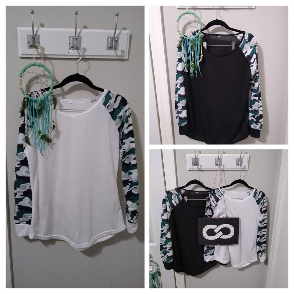 2 Pc Long Sleeve Black & White Camo Tee Shirts